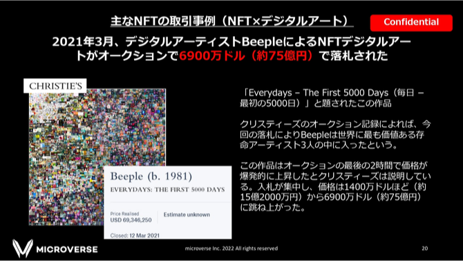 NFTを活用した取引の事例（デジタルアーティストBeeple）を示した画像です